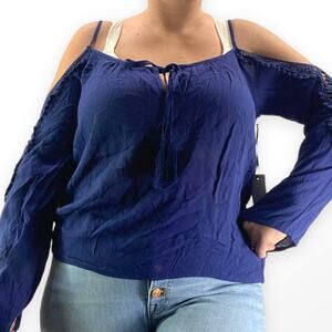 SAGE THE LABEL Blue Cold Shoulder Crochet Knit Bell Sleeve Blouse